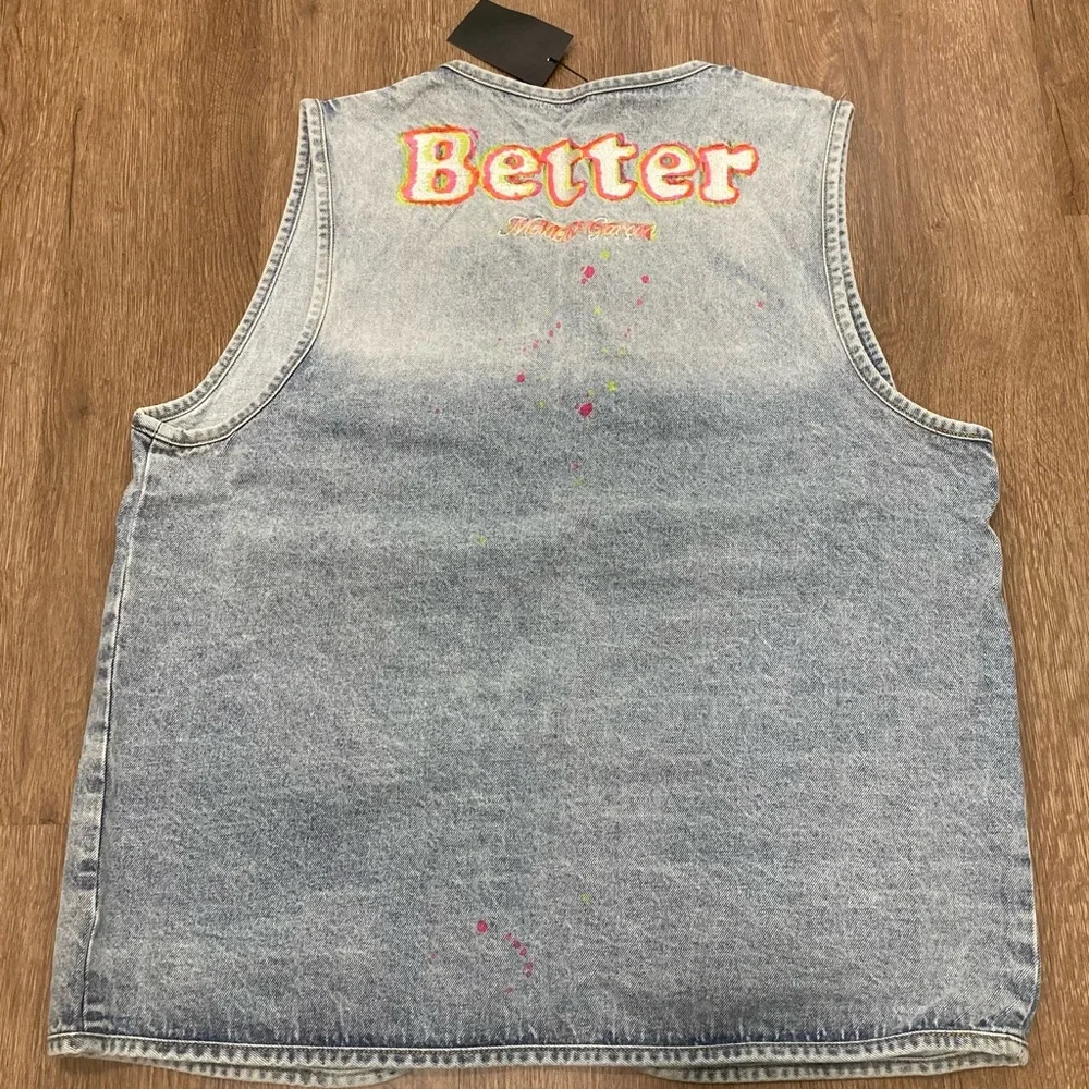 Men’s Light Wash Blue Jean Vest Neon Paint Splatter Open Front Pockets L - Picture 2 of 16